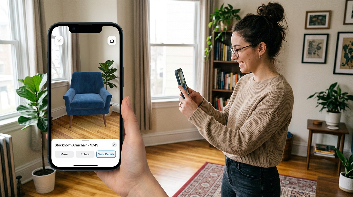 Cover Image Placeholder: Customer using smartphone WebAR to preview a 3D product inside their home
